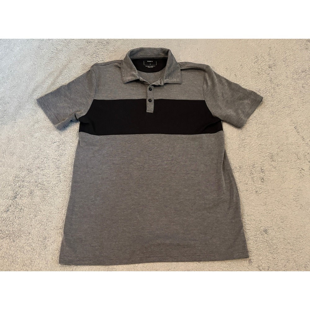 DKNY Mens Gray Black Colorblock Piqué Short Sleeve Polo Shirt Small